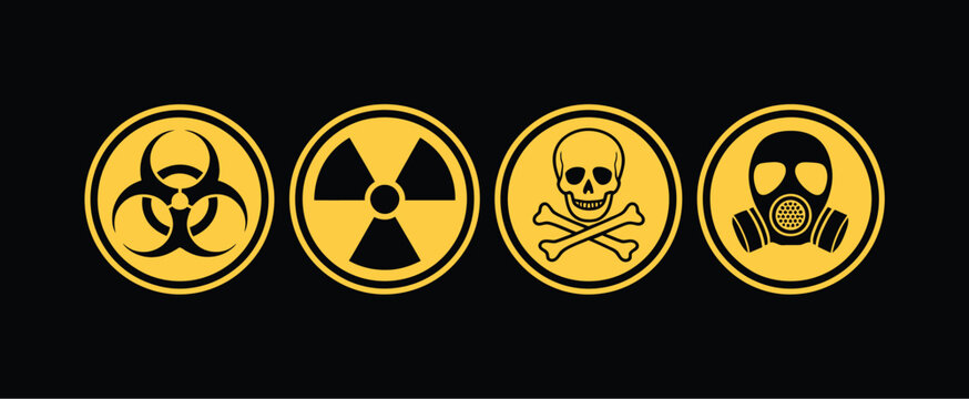 Set hazard danger yellow vector signs radiation sign biohazard sign toxic sign gas mask isolated caution icons for laboratory safety, workplace hazard labeling and environmental risk warnings.