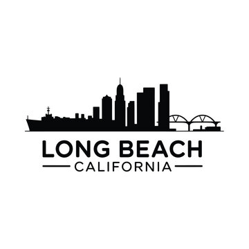 Long Beach California skyline silhouette with ship and palm trees