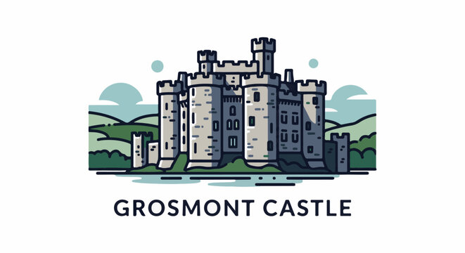 Medieval stone fortress with towers, battlements, and crenellations, set amidst rolling green hills and water