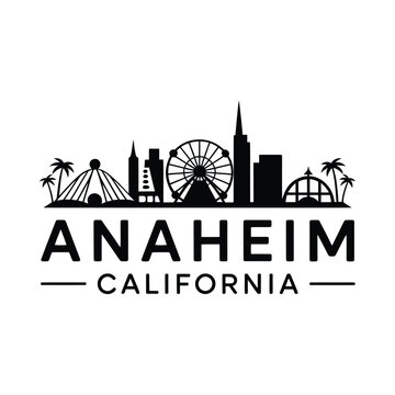 Anaheim California skyline silhouette with palm trees and ferris wheel