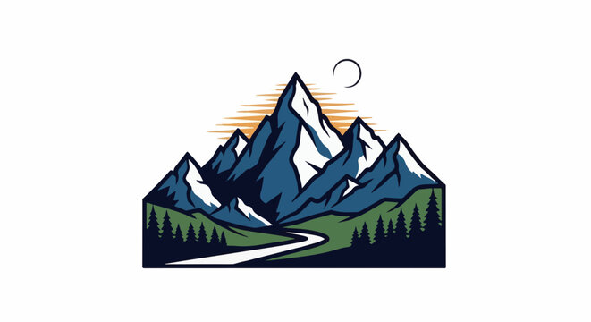 Majestic peaks rise above a forest, bathed in sunrise glow, with a winding path