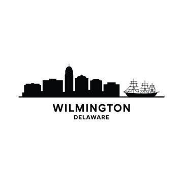 Wilmington Delaware skyline silhouette with ships black on white
