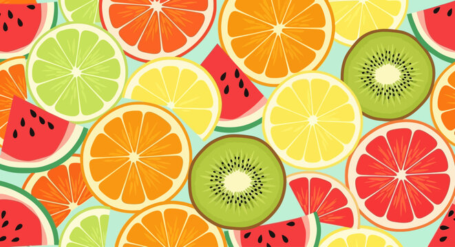 Colorful fruit slice pattern with watermelon kiwi and citrus flat vector illustration