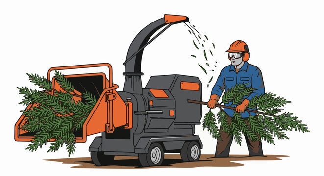 Man feeding branches into a wood chipper for disposal