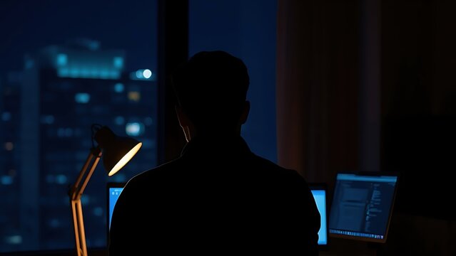 A programmer working late at night, with a warm desk lamp glowing against a dark office backdrop. 