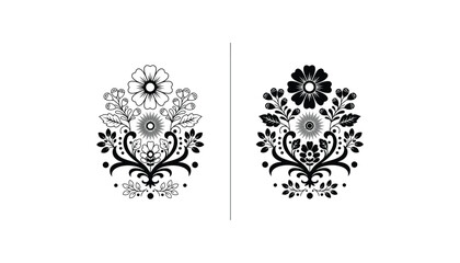 Ornate floral bouquet arrangement featuring stylized daisies and berry branches in symmetrical black and white vector graphic style for elegant greeting card or stationery design © Digital
