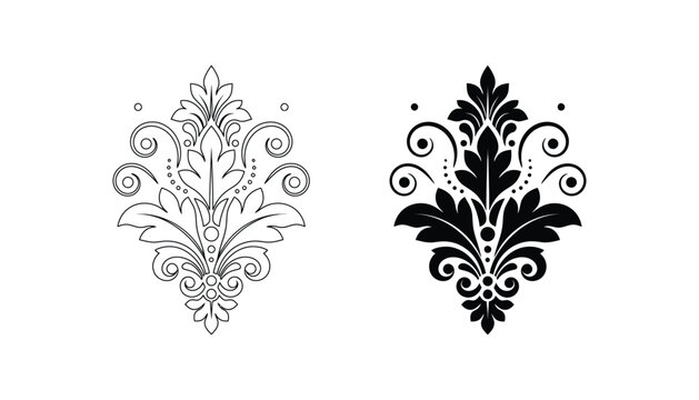 Elegant floral damask ornament design with intricate symmetrical leaves and scrolling filigree elements for decorative wallpaper or textile pattern printing in black and white vector graphic style