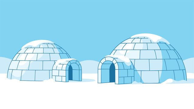 Serene cartoon illustration depicting a small community of igloos, built from ice blocks, nestled in a vast, pristine snowy landscape under a clear blue sky, evoking Arctic tranquility.