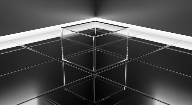 Clear glass cube on black tiles with white baseboard Full HD 4K Download 2025 2026