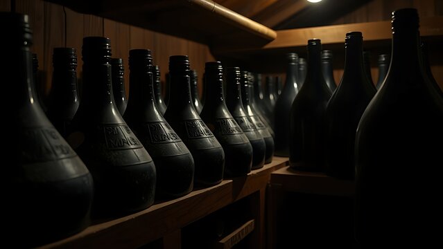  Several dark glass containers arranged on wooden shelves in a dimly lit cellar. 