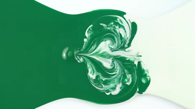 Green and White Paint Liquids Merging and Swirling in Macro Top View for Abstract Backgrounds