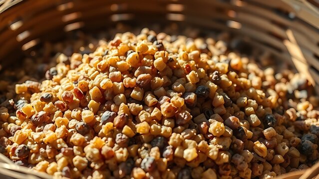  Pile of pressed grape pomace in a wooden basket in soft sunlight. 