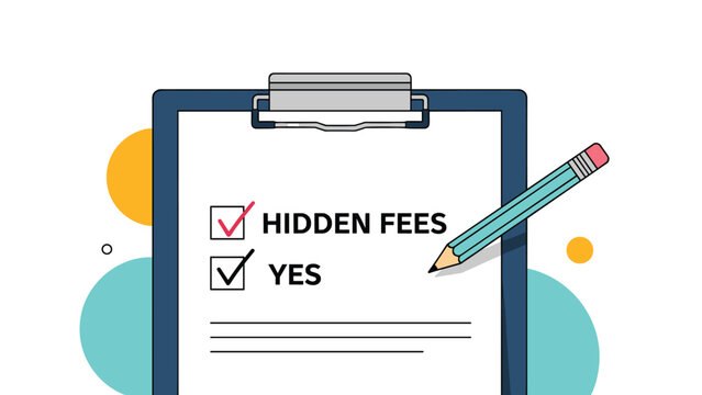 Corporate transparency concept features clipboard with hidden fees checklist and yes boxes marked with red and black checkmarks.