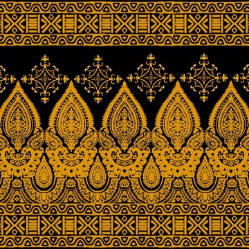 Indian tribal fabric pattern is inspired by traditional art forms from the past, thoughtfully adapted into a distinctive and modern textile design. The yellow color scheme contrasts boldly with a dee 