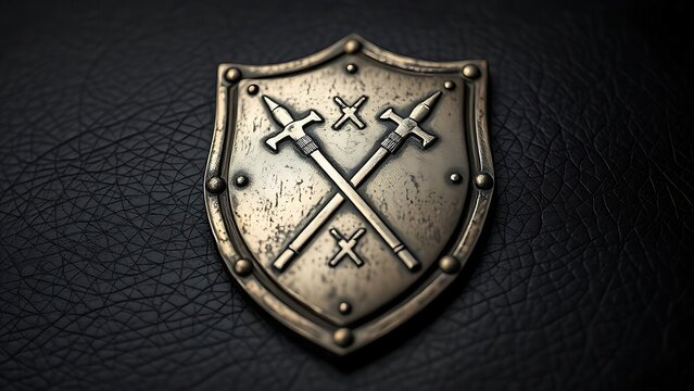 Heraldic shield emblem with crossed polearms on leather background. 