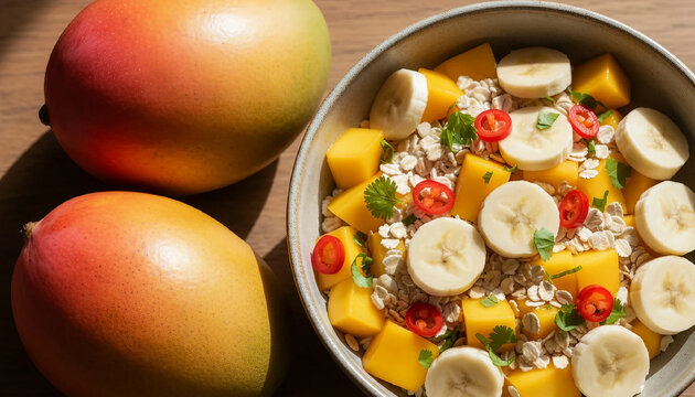 Oatmeal porridge topped with fresh tropical fruits and chia seeds