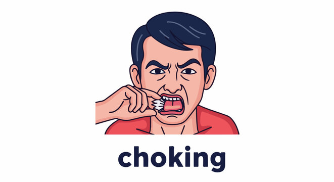 Man struggling with something in his throat, distressed expression