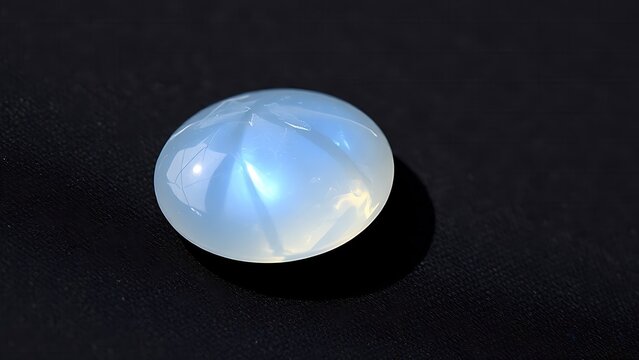  A moonstone gemstone glowing softly on dark fabric, close-up view. 