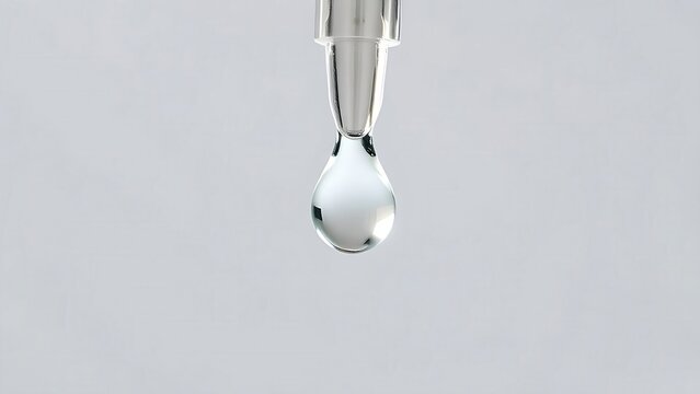 A single clear droplet falling from a glass dropper, studio lighting, clean aesthetic. 