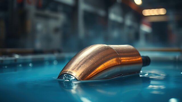 A copper part emerging from a blue electrolytic bath in an industrial setting. 