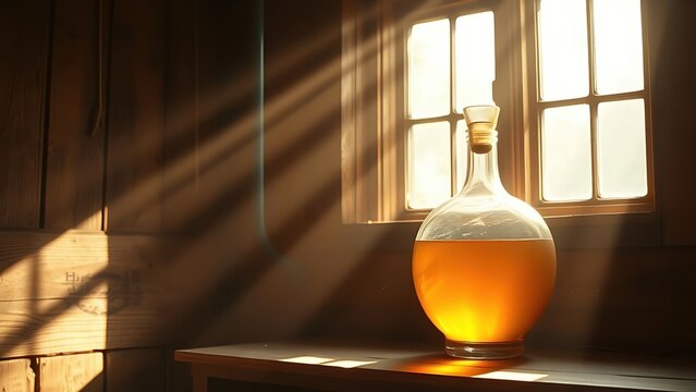  Sunlight through a barn window illuminating a glass demijohn with amber liquid. 