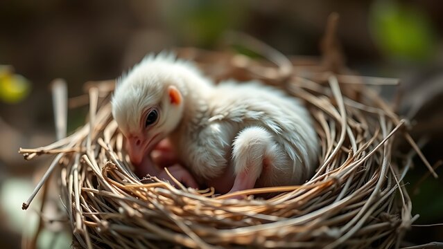A featherless newborn hatchling curled in an empty nest, soft natural light. 