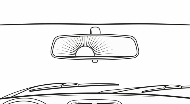 Interior view of a car windshield with rearview mirror reflecting a sunburst