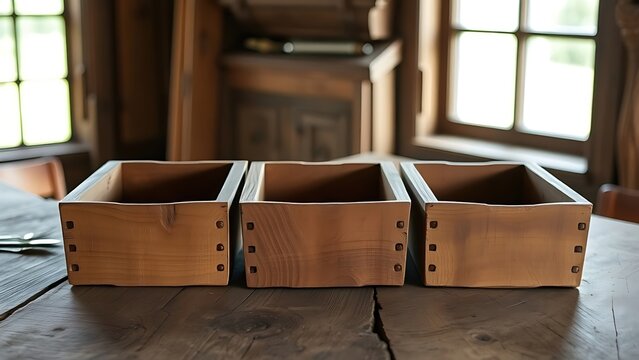  Three empty wooden bowls on a rustic table with visible wood grain. 