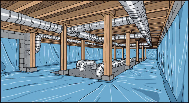 Illustration of a crawl space with ventilation pipes and vapor barrier
