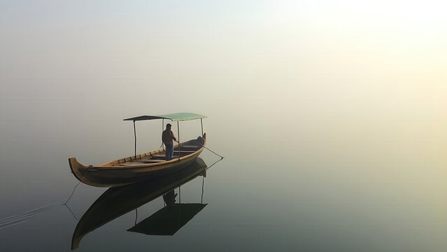 Traditional wooden Shikara boat on calm, reflective waters of Dal Lake with morning mist. 
