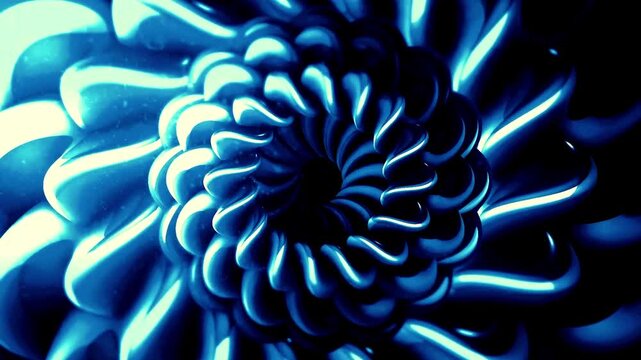 Blue metallic spiral rotates in a complex organic pattern to create a hypnotic digital background.