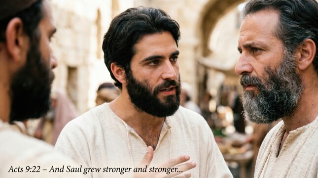 Apostle Paul preaching about Jesus as the Son of God to men in Damascus. Biblical scene of Saul debating with Jews after his conversion. Historical religious event from Acts 9.