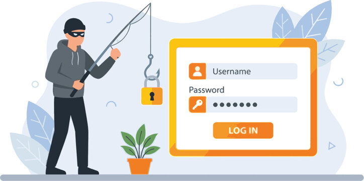 Hacker Character Fishing for User Login Credentials and Password Data Phishing Concept