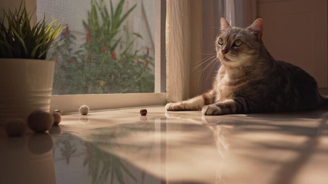 Fat gray tabby cat sunbathing by a screen door, looking around and observing surroundings curiously. Warm morning sunlight and moving shadows create a peaceful, cozy home atmosphere.
