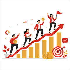 Obraz premium Diverse business team climbing a rising red arrow and bar chart representing financial growth, career success, and hitting corporate goals in a clean flat vector illustration style for marketing 