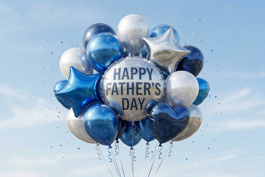 Happy fathers day celebration blue silver balloons star heart shapes dad gift.