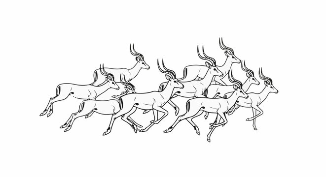 Herd of stylized antelopes running in unison, black ink on white