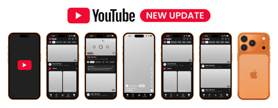 YouTube App Interface on iPhone 17 Pro Mockup Set with Shorts, Video Player, Feed, Like, Comment, Share. Social Media UI Screen Template Transparent Background
