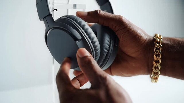 Hand Touching Headphones on Stand Close-up Slow Motion
