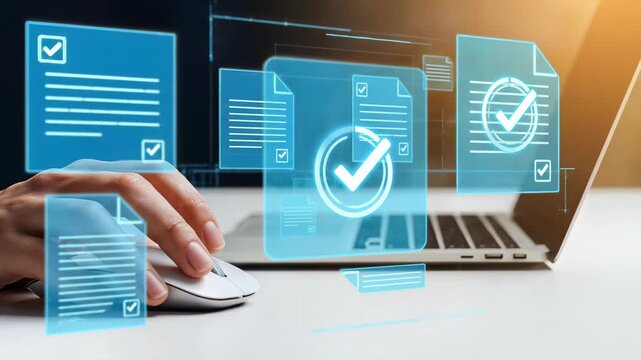 Hand using computer mouse with animated digital document approval icons, business workflow concept