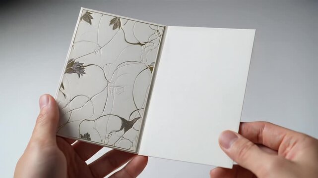 Hands opening a blank greeting card with floral design, close-up shot for stationery and invitations
