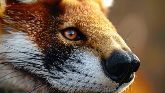 Extreme close-up of a red fox nose and whiskers with soft bokeh background