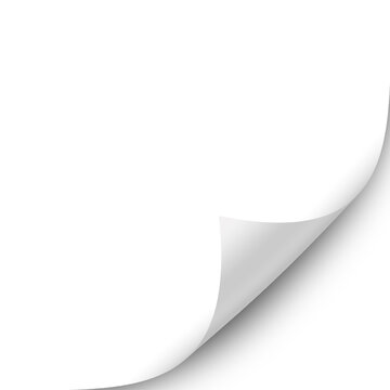 Curled corner of a paper document page with shadow, folded corner paper sheet - isolated design element Off-white rectangular sheet of paper with a single, gently curved corner lifted, casting.