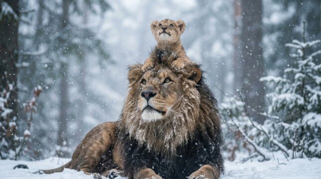 Lion and Cub Together in a Snowy Winter Forest Setting