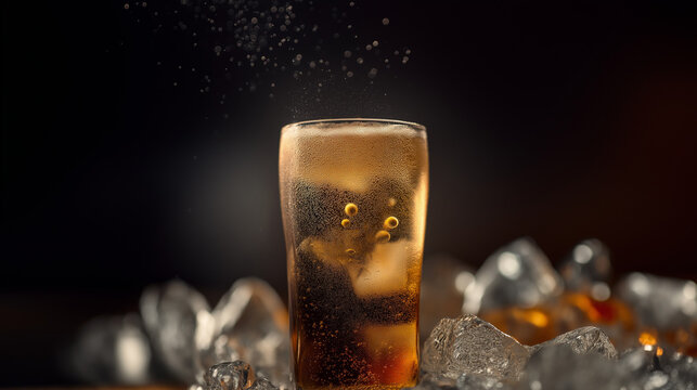 desorption. A glass of carbonated drink with rising bubbles and condensation on a clean background. bar promotions, beverage menus, designed for product packaging and bar promotions.