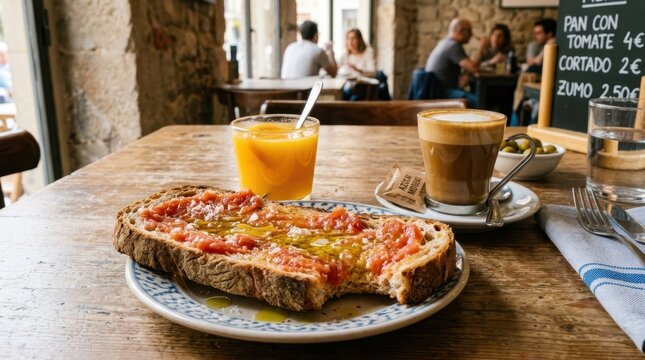 Delicious Spanish breakfast with toast, coffee, and orange juice on a rustic table