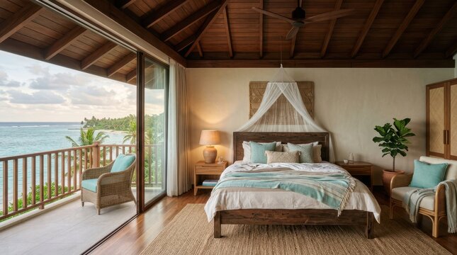 Luxury tropical bedroom with ocean view balcony and canopy bed