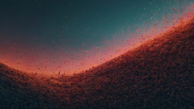 Abstract red grains rising in a curved dynamic motion with wave of textured gravel and small glowing ember or particles scattered into teal background. 
