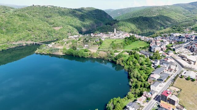 Scenic aerial view of viana do bolo town and bao reservoir