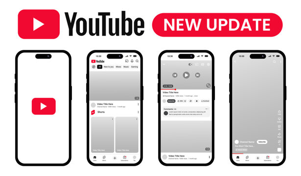YouTube App Light Mode Complete UI Interface on Smartphone Mockup Set with Video Player, Home, Feed, Subscribe, Like, Share. Social Media Screen Template Transparent Background